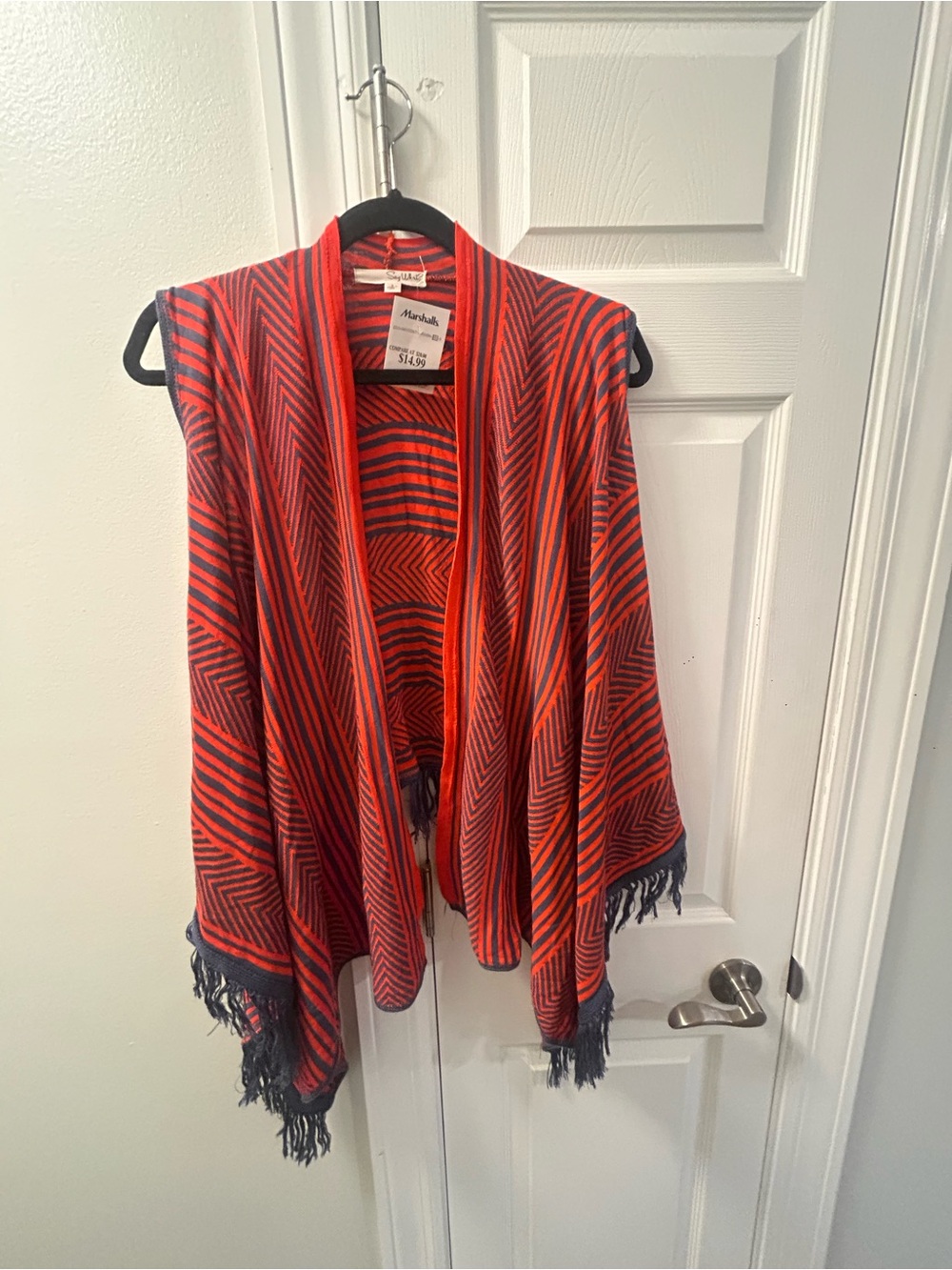 Say What? Orange and Navy Geometric Striped Open-Front Cardigan